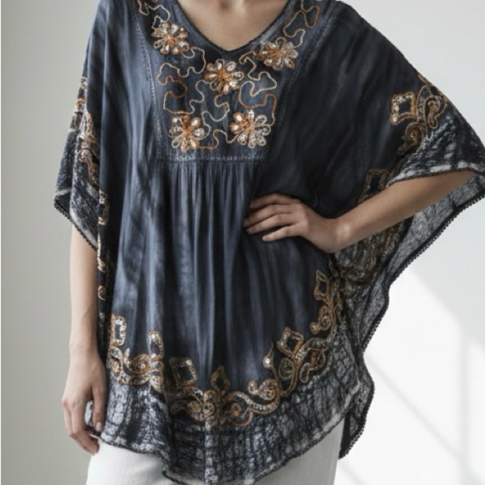 Women's Black & White Tie-Dye Kaftan Tunic Top with Gold & White Embroidery (One
